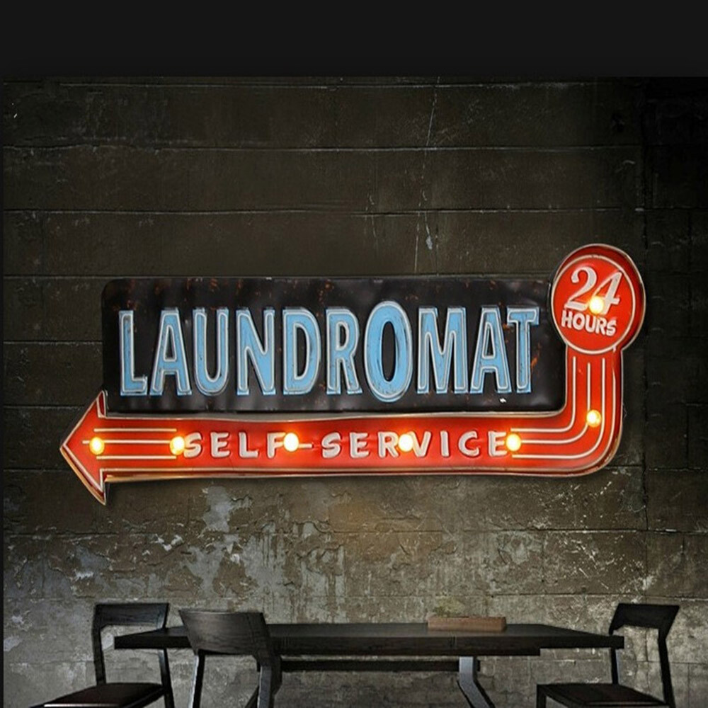 Vintage LED Light Metal Hanging Sign LAUNDROMAT Laundry Shop Art Wall Decoration