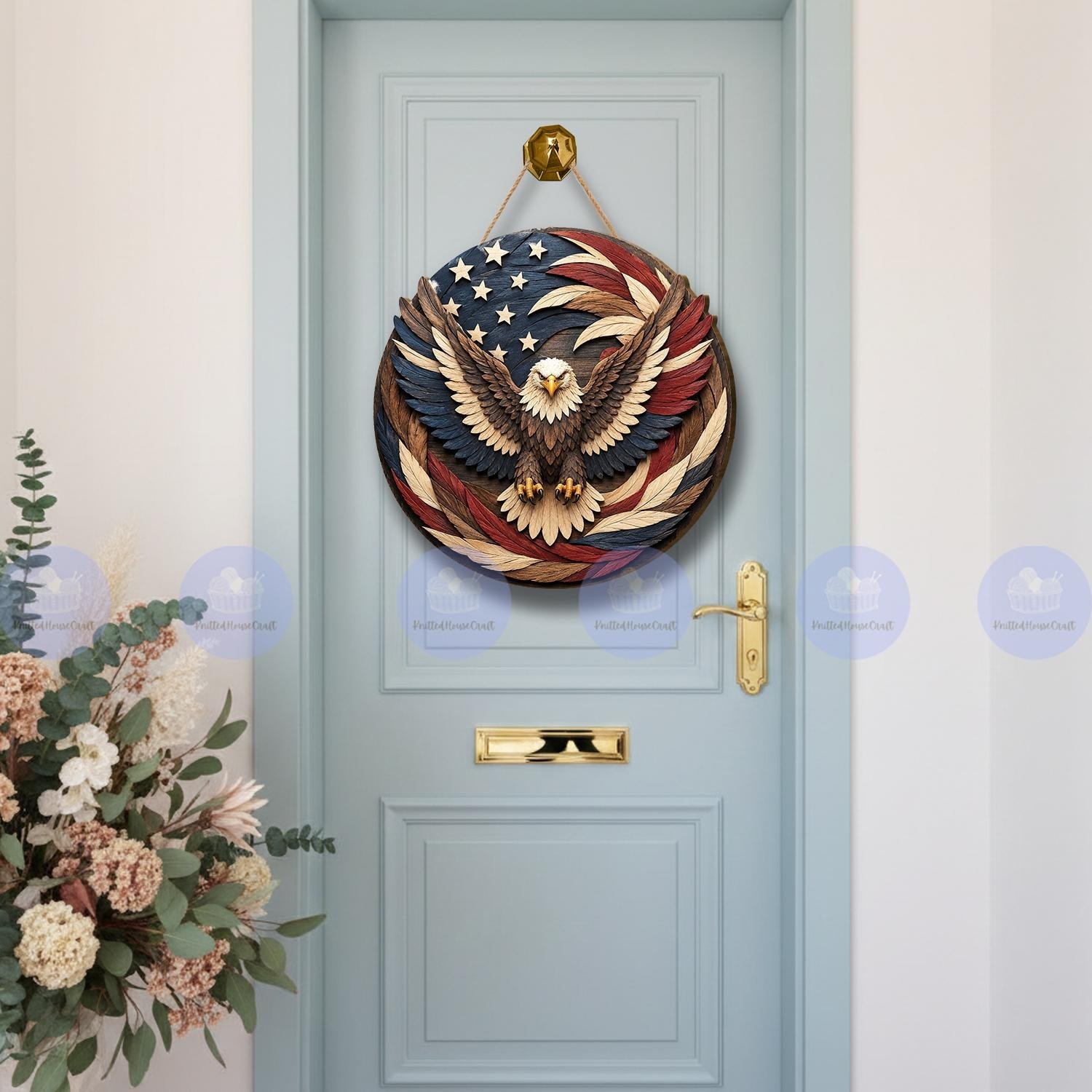 Patriotic Eagle Wooden Door Hanger, Americana Front Porch Sign, Rustic American