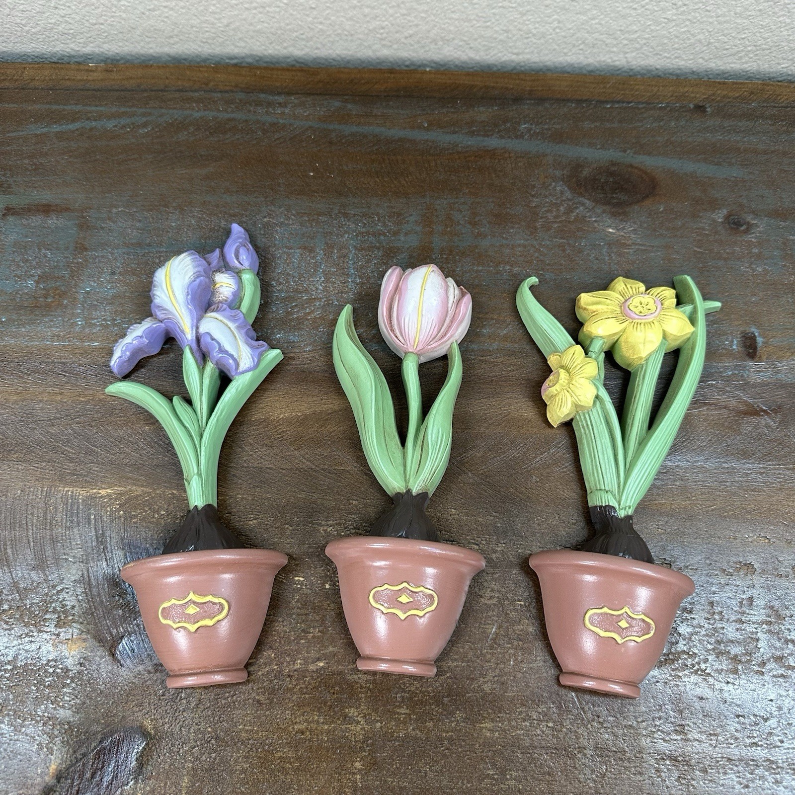 Vintage Homco Plastic Flower In Pots Wall Plaques / Wall Décor Made in USA 8”