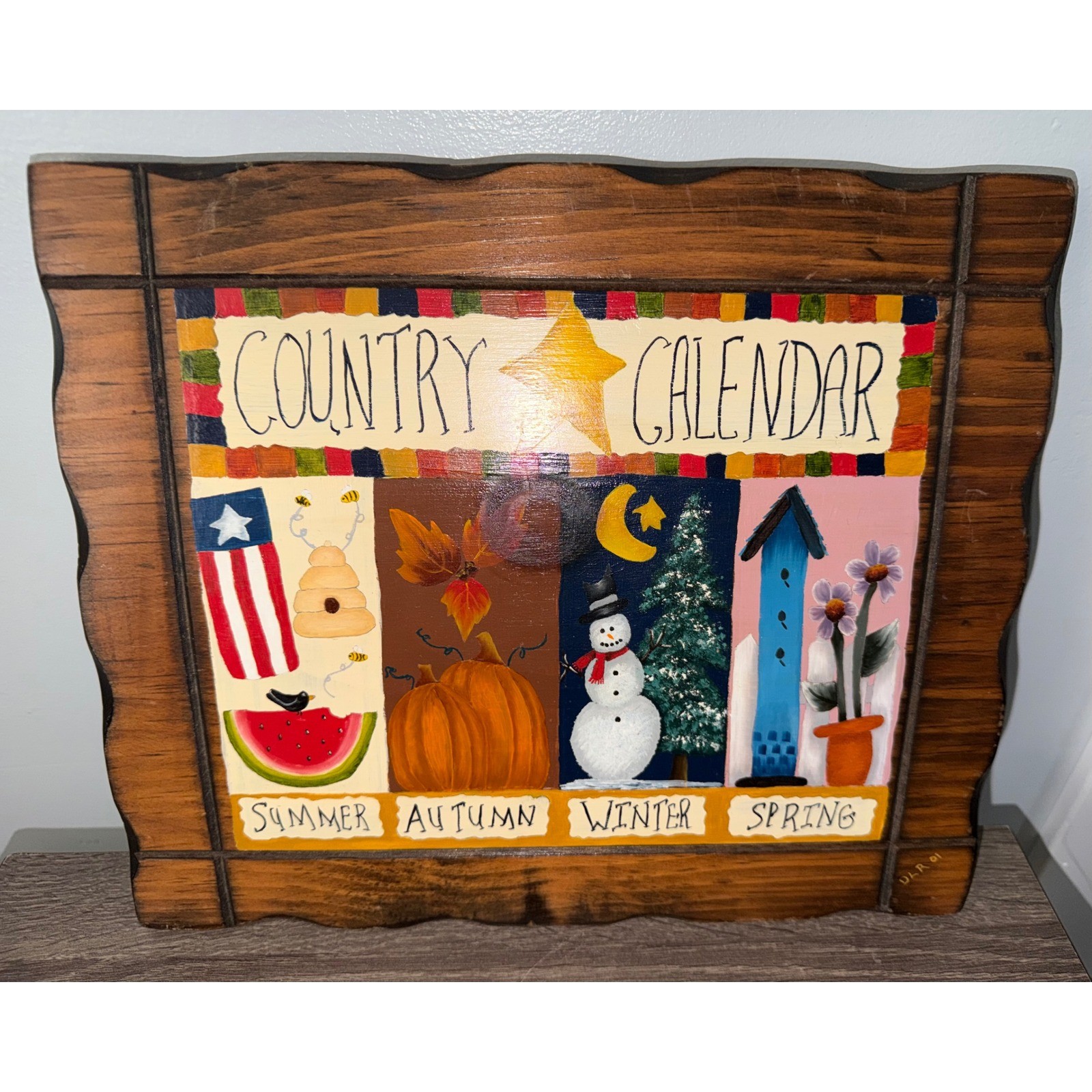 VTG Hand Painted Wood Country Calendar Wall Plaque Four Seasons Folk Art Sign