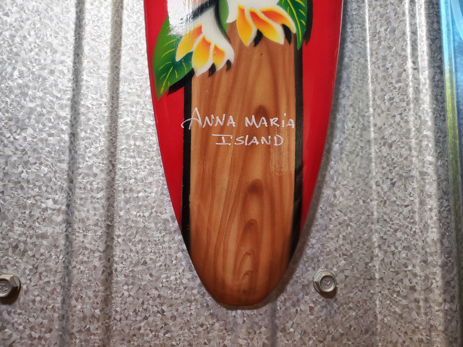 Anna Maria Island Wooden Surfboard Air Brushed Frangipani Floral Design 15-1/2″