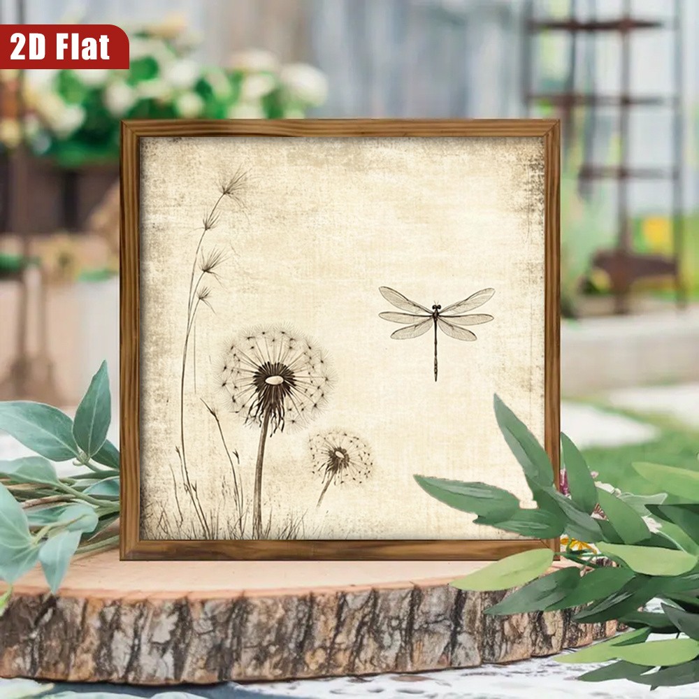 Farmhouse Framed Dandelion Dragonfly Wall Art Vintage Nature Home Decor 8x8in