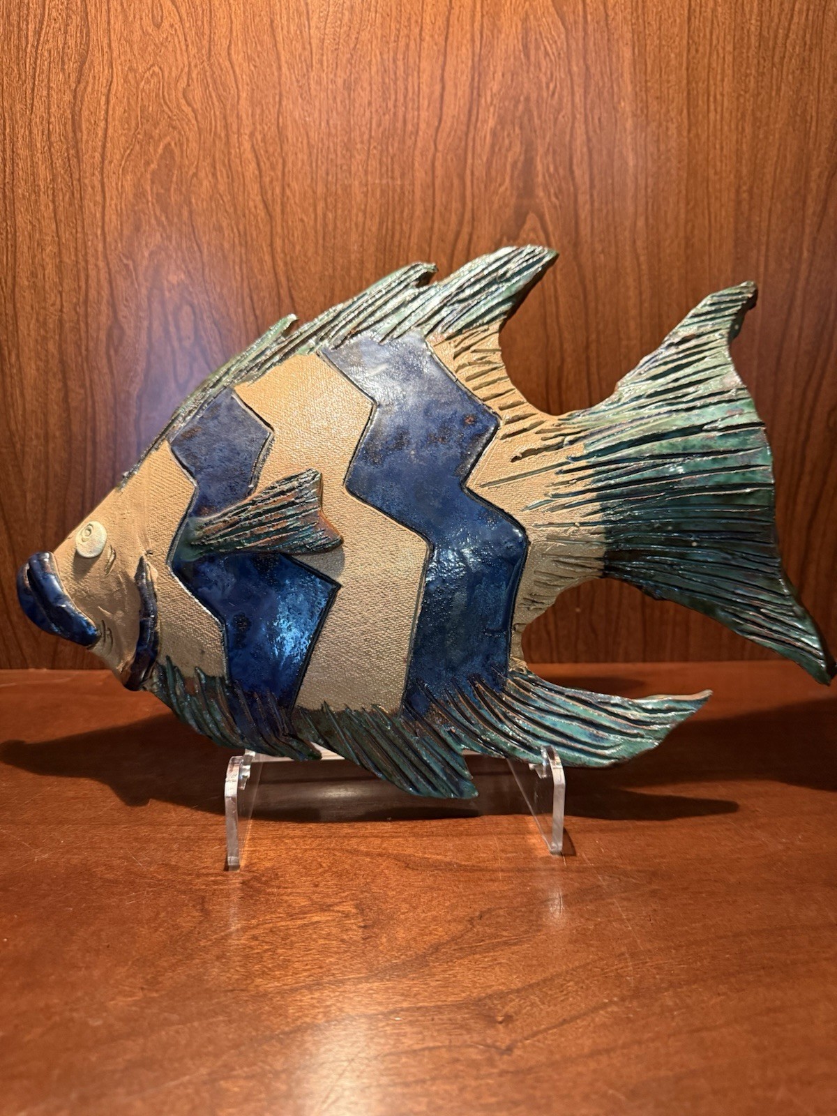 Terracotta Fish Nautical Décor Hand Made Signed By Artist 12” Long x 9” Wide