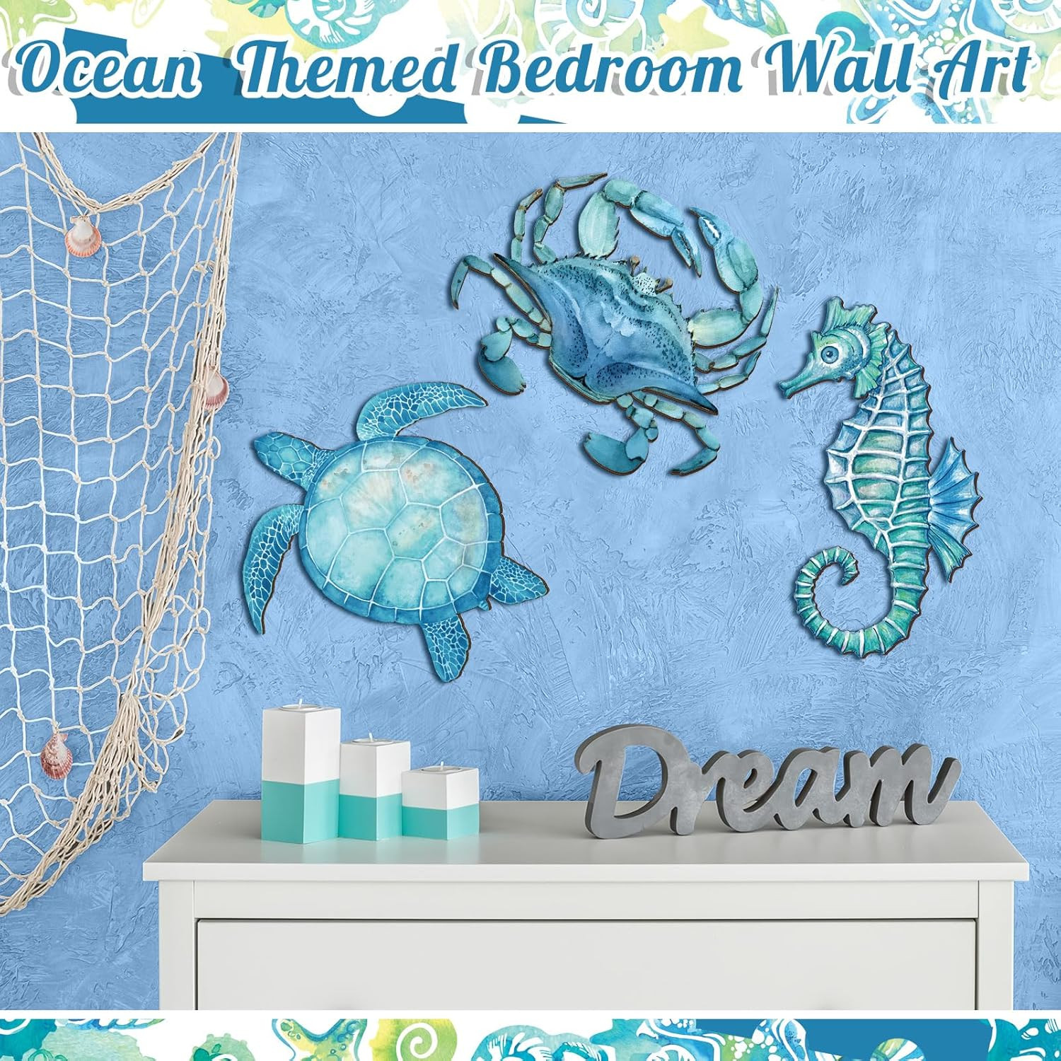 3 Pcs Summer Coastal Wall Decor Bathroom Beach Blue Wall Art Sea Turtle Surfboar
