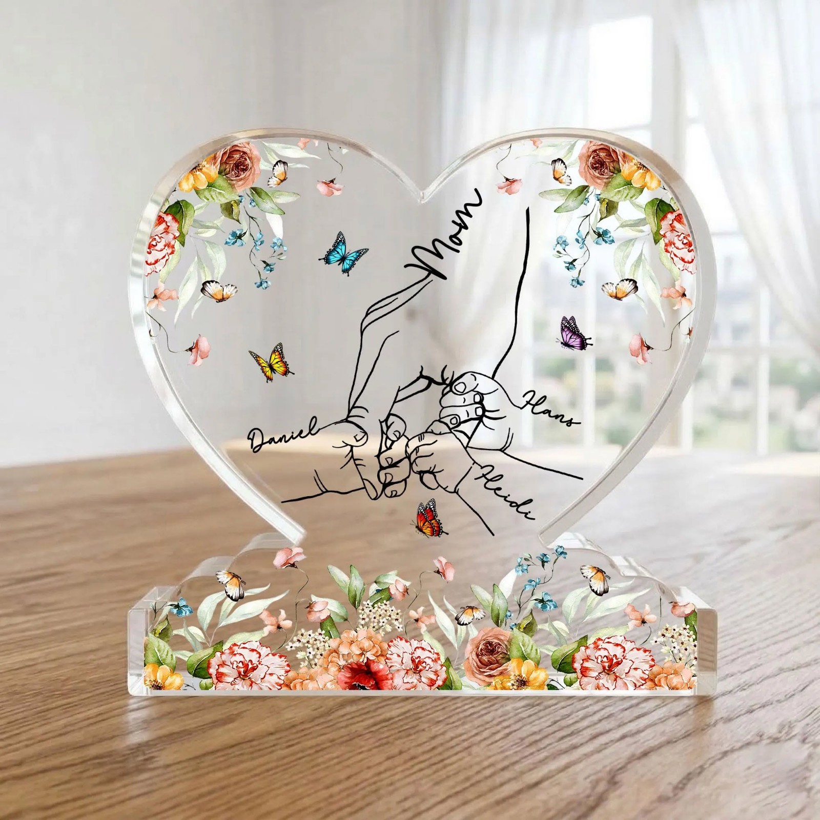Personalized Mom Holding Kid Hands Acrylic Plaque Custom Names Gift Grandma Love