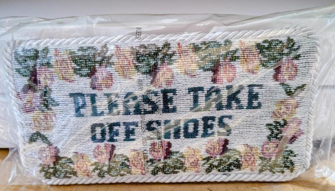 Please Take Off Shoes Plaque Polyester Needlepoint Design 8 “long x 4 1/8 ” high