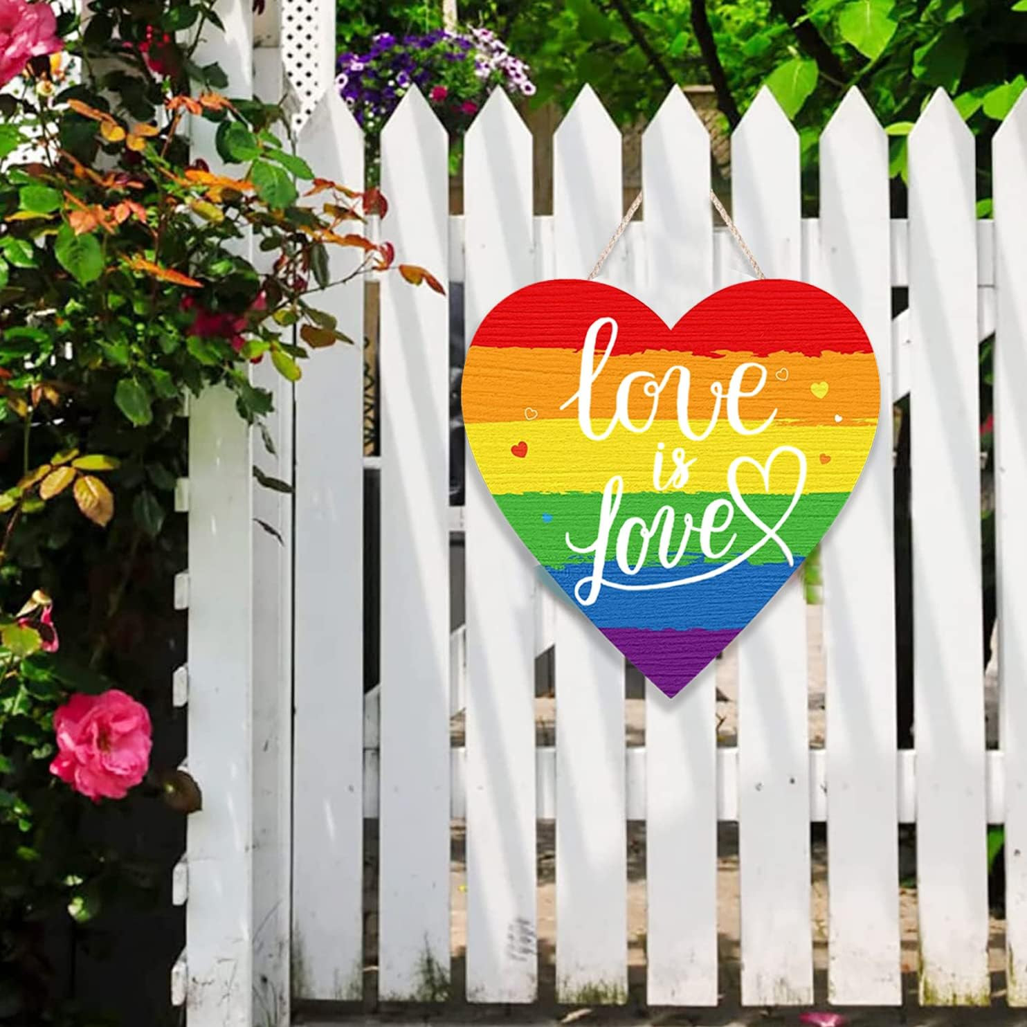 Pride Rainbow Wooden Door Sign Love Is Love Wall Hanging Home Decor 12×12 Inch
