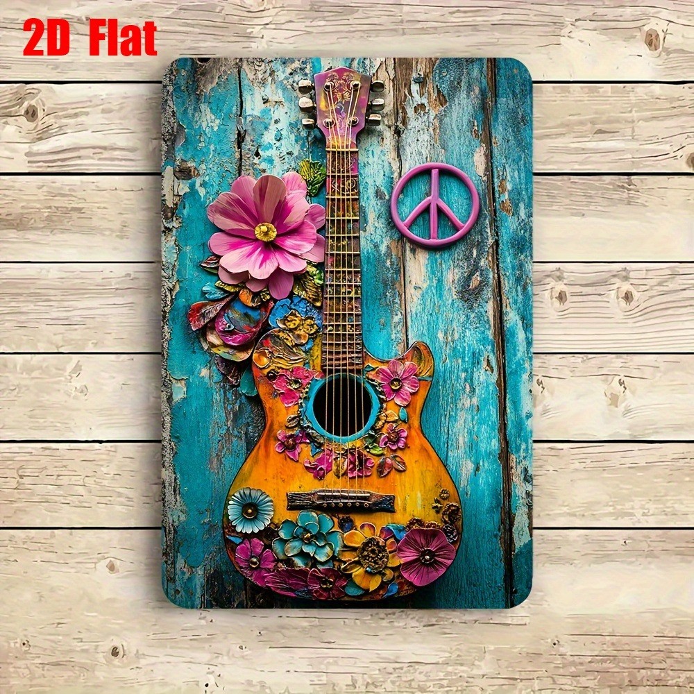 Boho Floral Guitar Metal Sign Peace Sign Hippie Wall Art Retro Music Room Decor