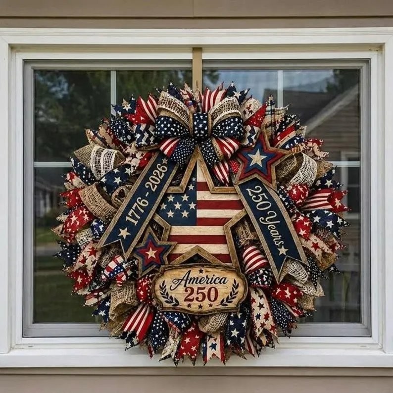 America 250th Years Wooden Wreath, Patriotic Eagle Door Sign, 2D Printed