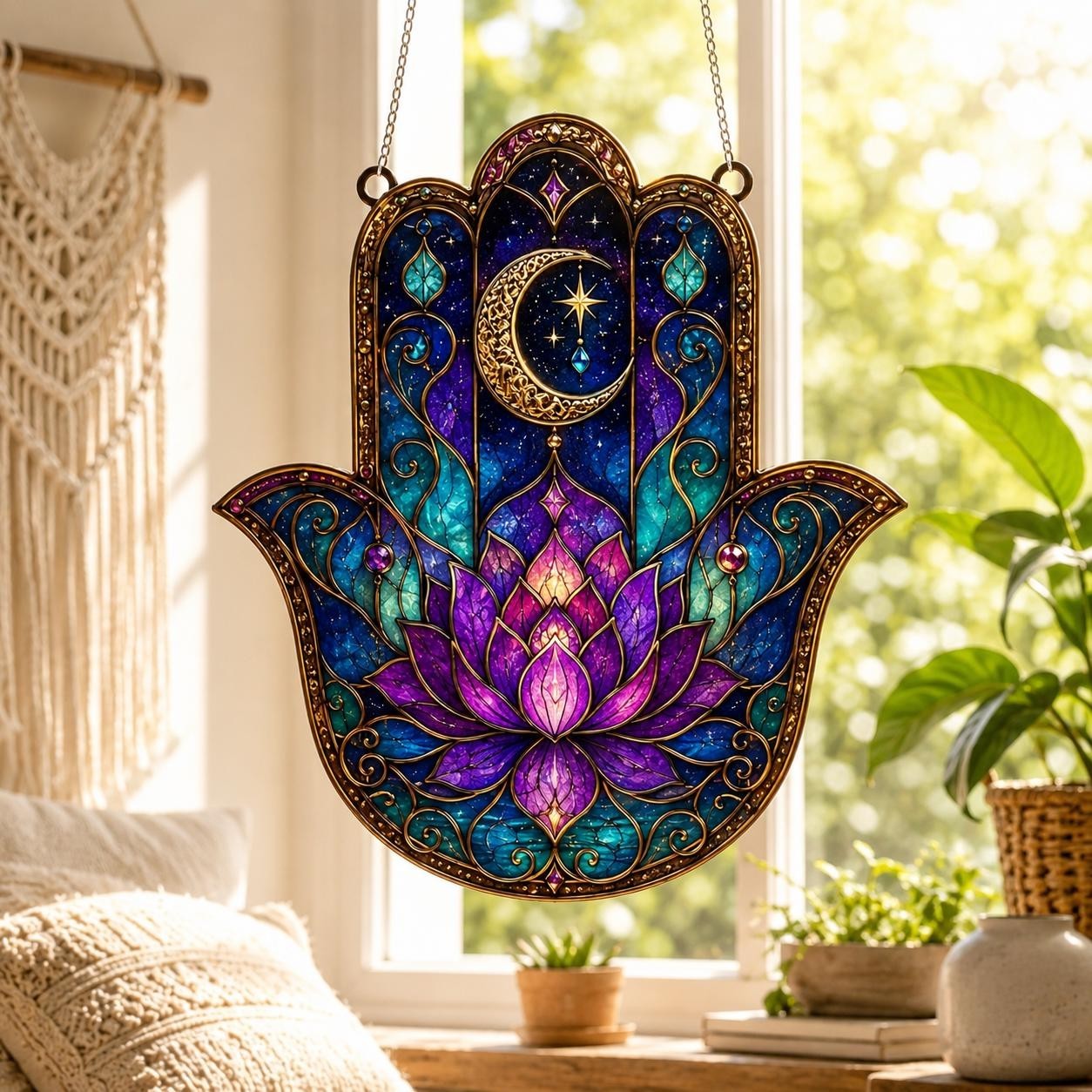 Acrylic Hamsa Hand Suncatcher, Celestial Lotus Flower Window Hanging