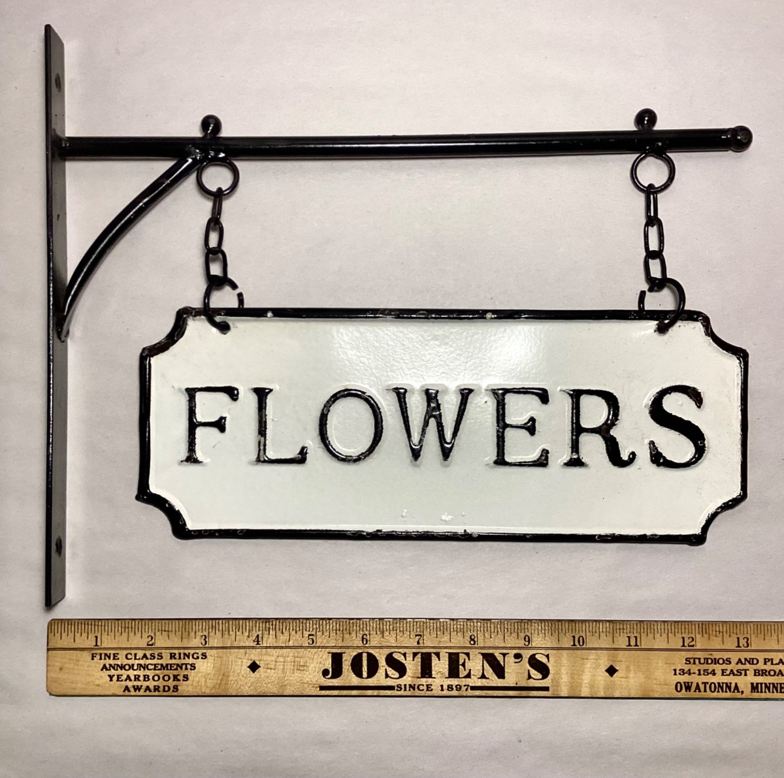 Black White Farmhouse Double Side Enamel Metal FLOWERS Sign Wall Hanging Bracket