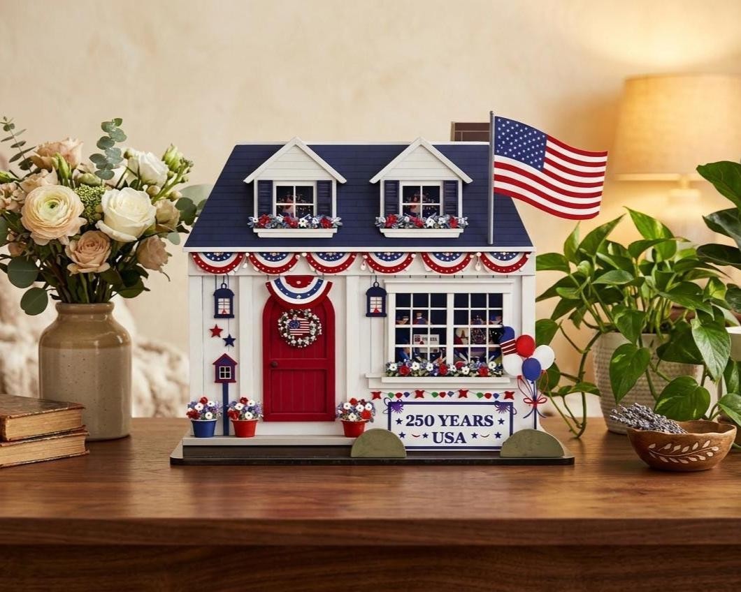 America 250 Wooden House Decor Patriotic 1776–2026 Display Red White Blue Sign