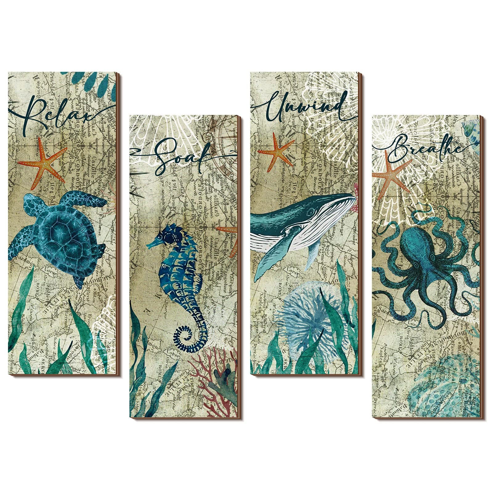 Qunclay 4 Pieces Beach Bathroom Decor Wall Sign Ocean Decor Sea Turtle Wall Art