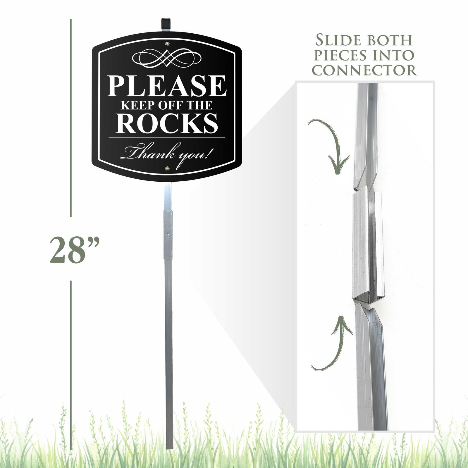 Aluminum “Please Keep Off the Rocks” Sign 28×10 Reflective Stake