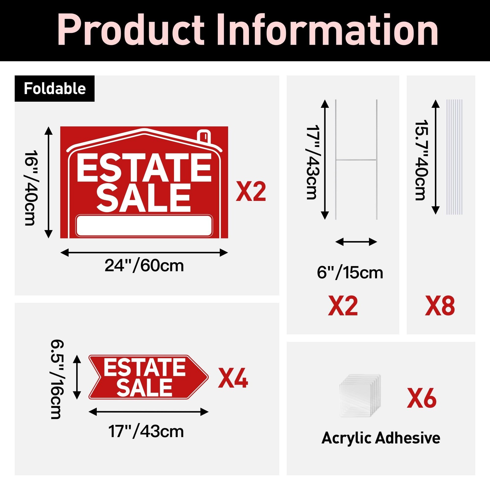 Estate Sale Signs With Stakes 24×16″ XL And 17×6″ Arrow Signs 6 PCS