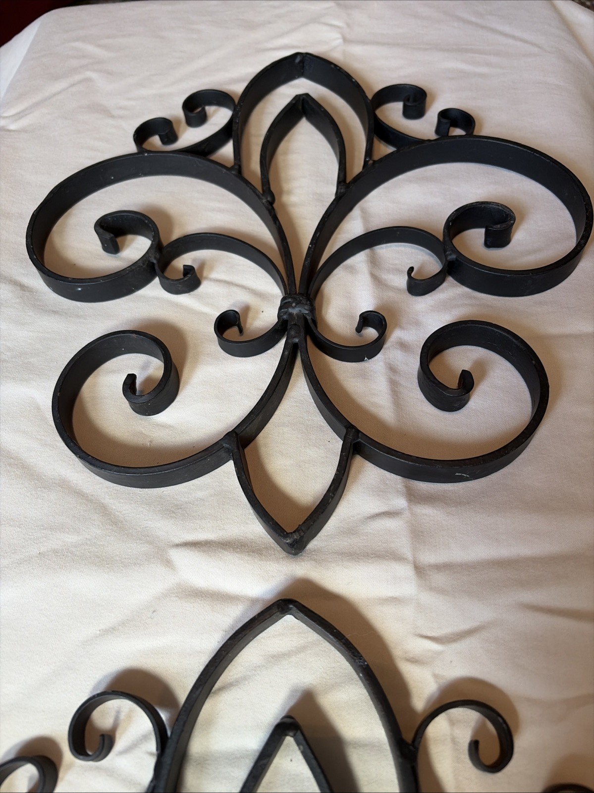 Fleur De Lis Black Wrought Iron Metal Scroll Wall Decor Vintage 11”x12” Pair