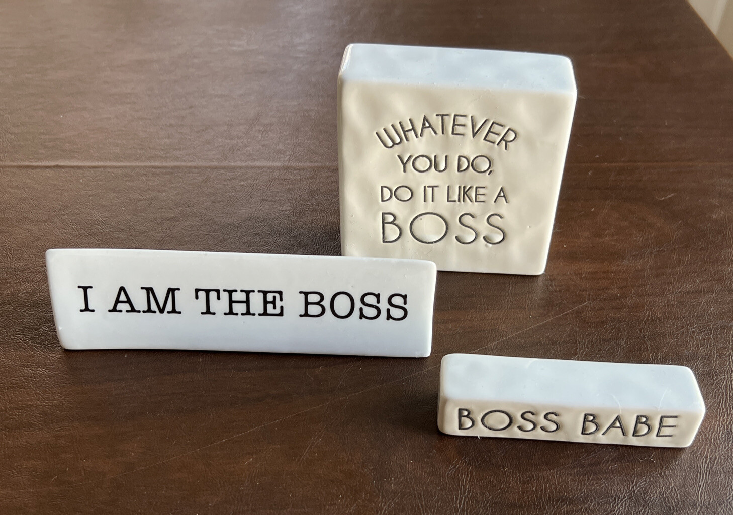 DECOR White Ceramic 3 BOSS Glossy Desk Plaques Set Of 3