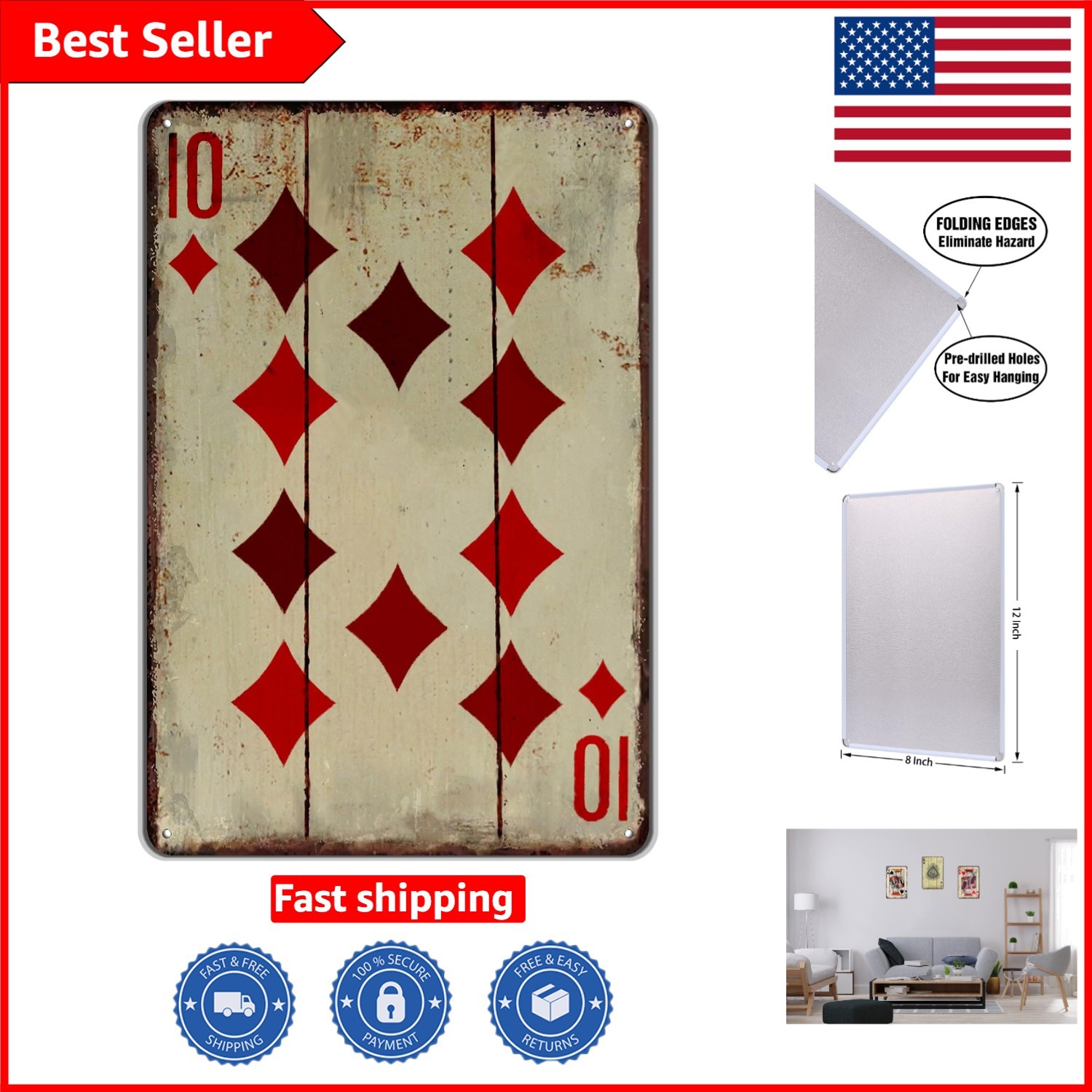 Vintage Poker Wall Decor – Retro Metal Sign 12×8 Inches for Man Cave Charm