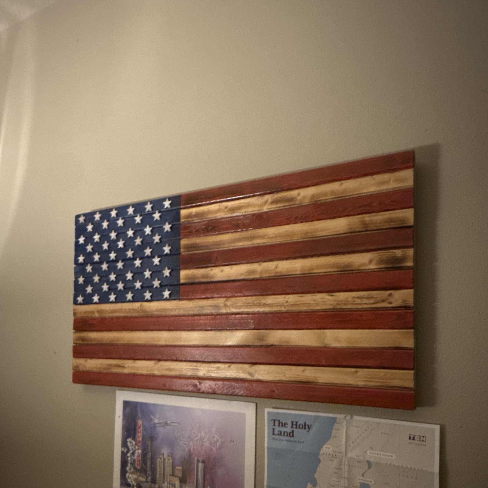 Wood American Flag Wall Plaque Sign, Wall Mounted, Red White Blue, Rectangle