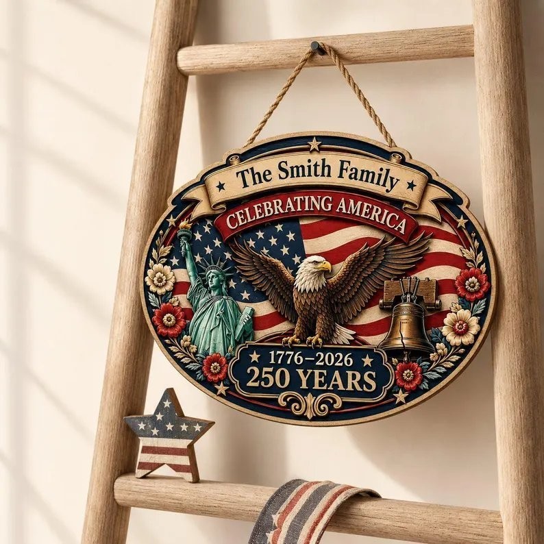 Custom Family Name USA 250th Anniversary Wood Sign, Eagle Door Decor