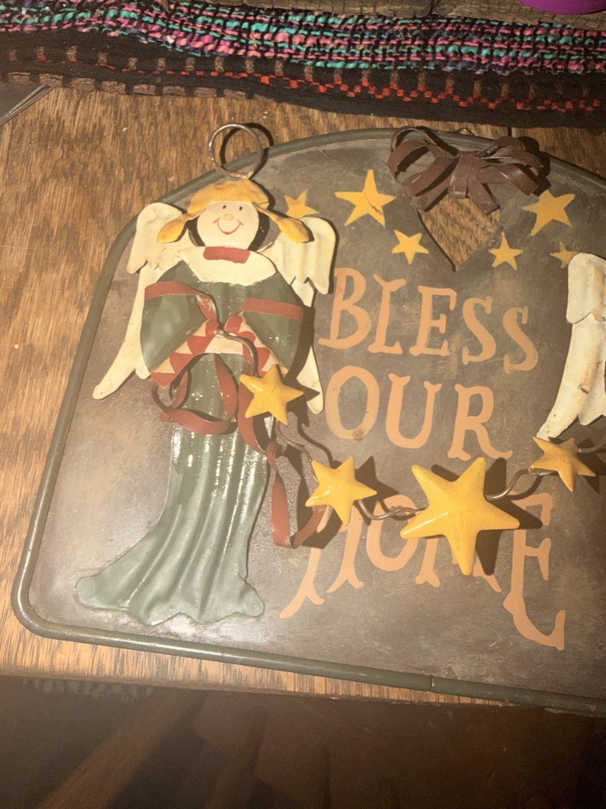 Metal Wall Plaque “Bless Our Home” Rustic Arch Hanging Angels & Stars