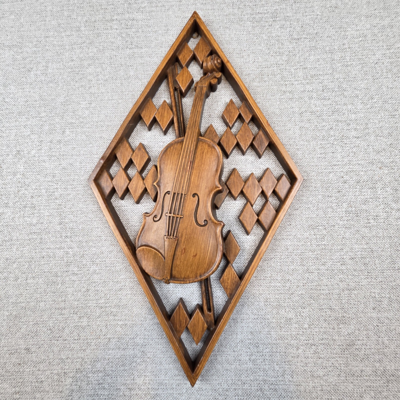 Vintage Set Of 1960s Mid Century Folk Art Musical Wall Plaques Of Violin & Banjo