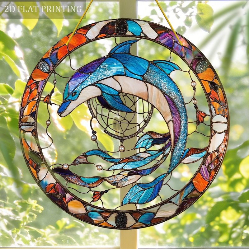 Multicolor Glass Style Acrylic Sun Catcher, Dolphin and Ocean Home Decor