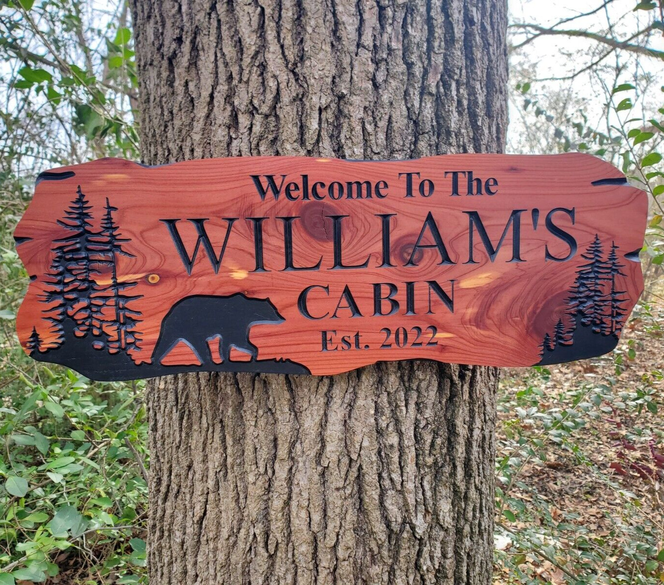 Custom Cabin Sign Carved Wood Name Bear Mountain Lake Home House Outdoor Plaque