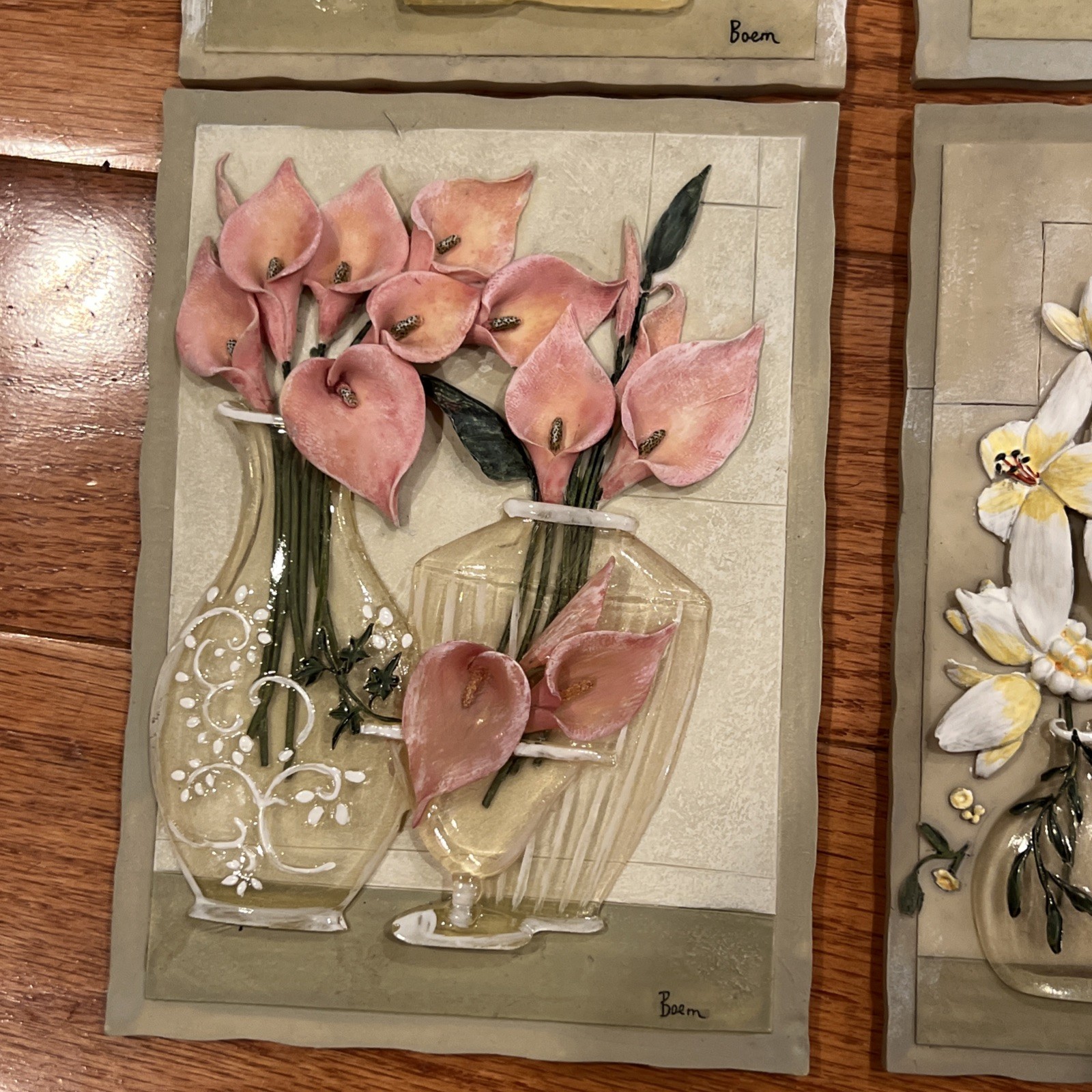 4 Vtg 3D Wall Art Tiles Raised Pink & White Flowers In Resin Vases Boem Set Lot