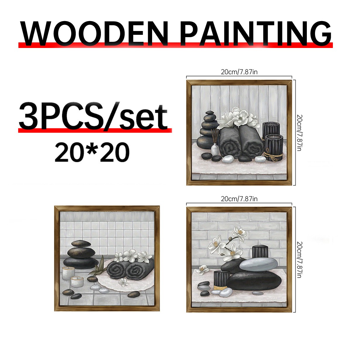 3Pcs Rustic Zen Stone Orchid Framed Wall Art Wooden Sign Spa Bathroom Decor Gift