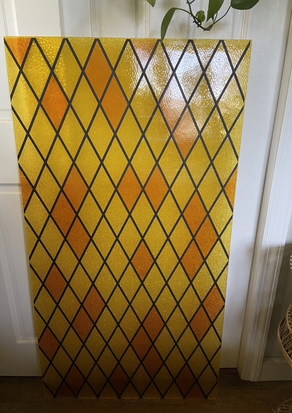 Vintage MCM Acrylic Textured Panel Orange/Gold/Black Diamond Harlequin