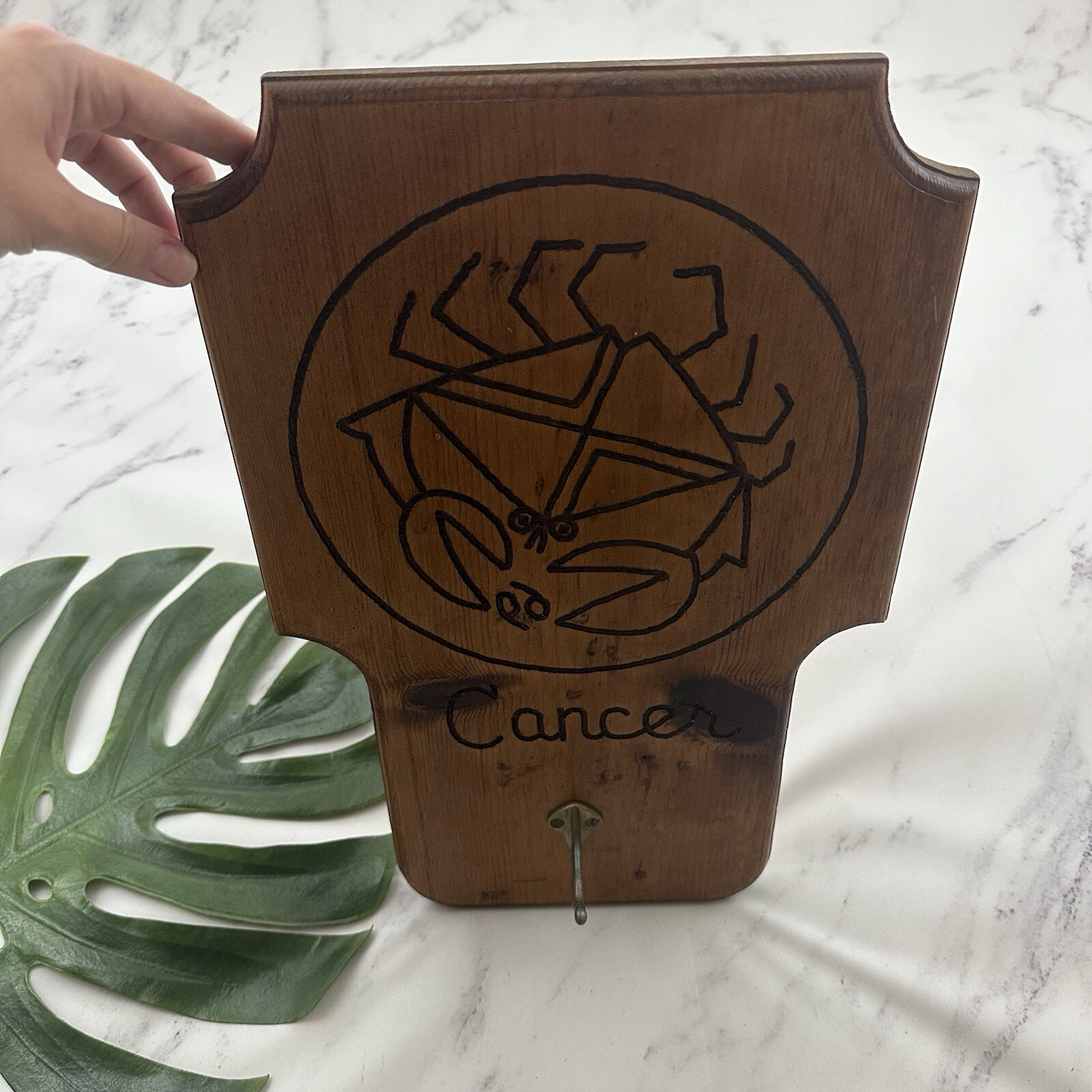 Vintage Handmade Cancer Zodiac Sign Wall Hanging Hook Decor Crab Star Carved