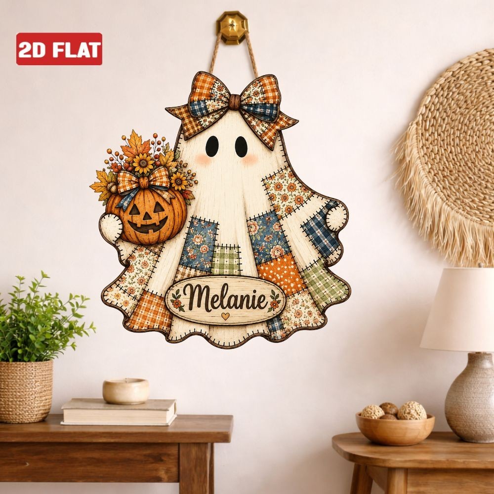 Custom Name Patchwork Ghost Door Sign Rustic Pumpkin Fall Front Wood Door Porch