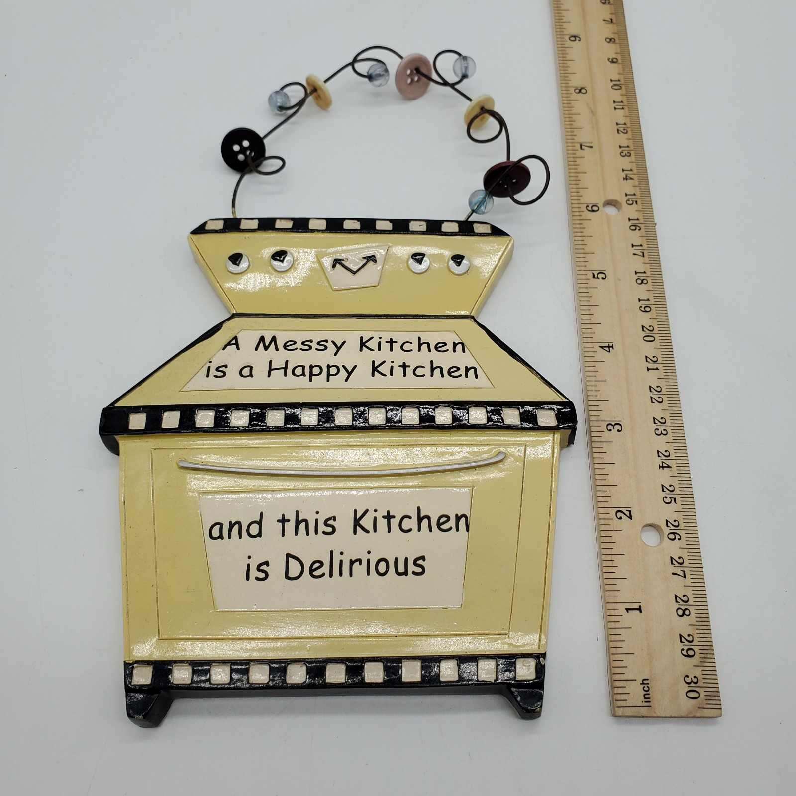 Kitchy Ceramic Plaque “A Messy Kitchen Is A Happy Kitchen” 4″×6″ W/Beaded Wire