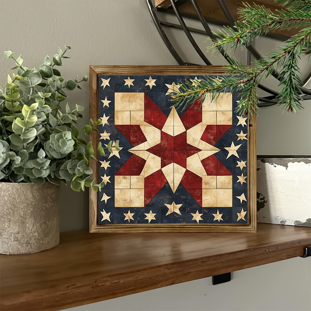 Vintage Star Quilt Flag Wooden Plaque Patriotic Farmhouse American Home Decor