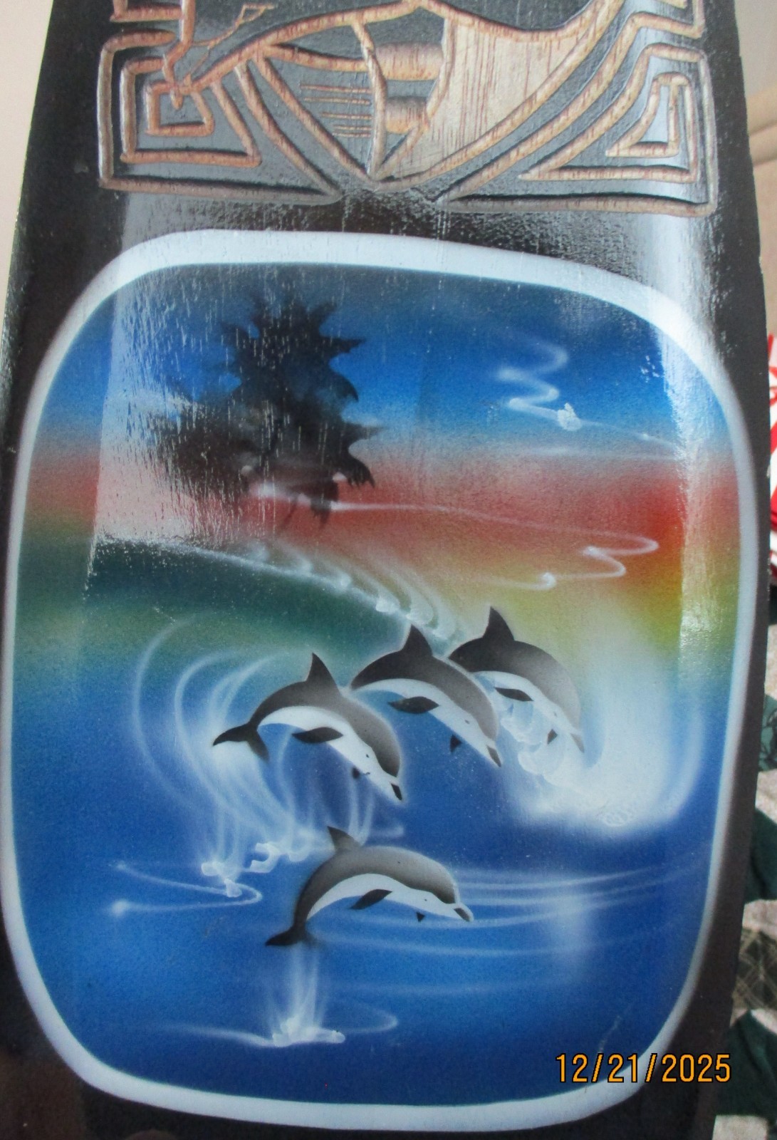WOODEN ENGRAVED SOUTH BEACH ,DOLPHINS, SURFBOARD WALL HANGING 24 in L. X6 in W