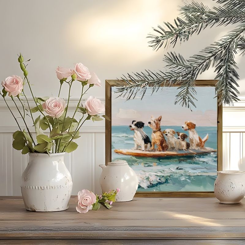 Vintage Coastal Dogs Art Desktop Wooden Sign Pet Lover Home Ornament Gift