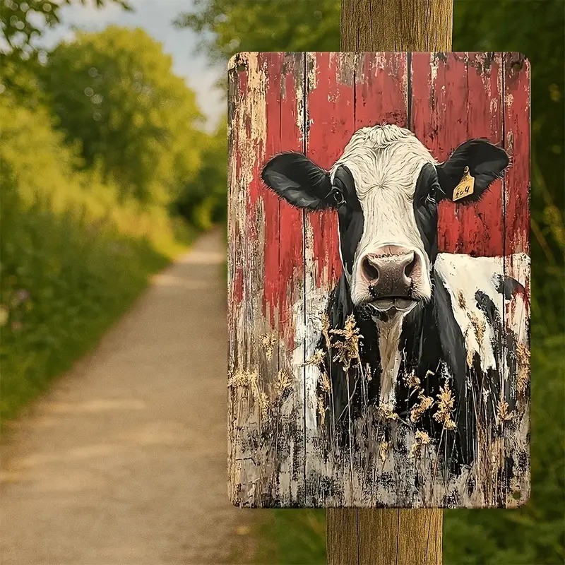 Rustic Barn Cow Metal Sign – Vintage Farmhouse Black and White Tin Decor