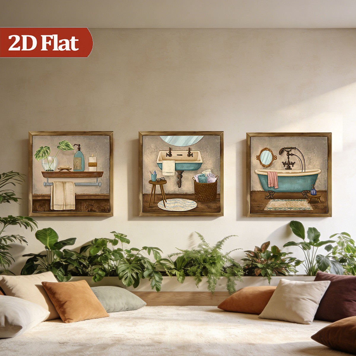 3Pcs Vintage Bathtub Still Life Wooden Sign Rustic Framed Bathroom Wall Decor