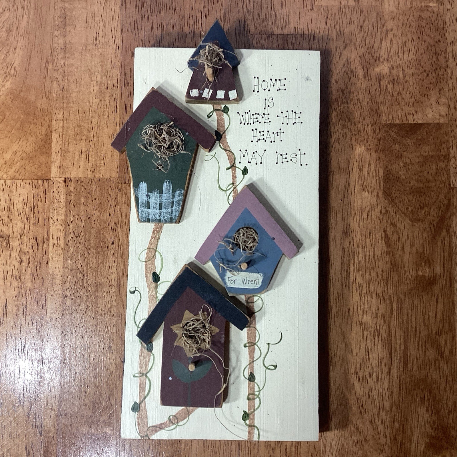 Hand Painted Wooded Primative Plaque Wall Hanging Bird Houses Home Quote