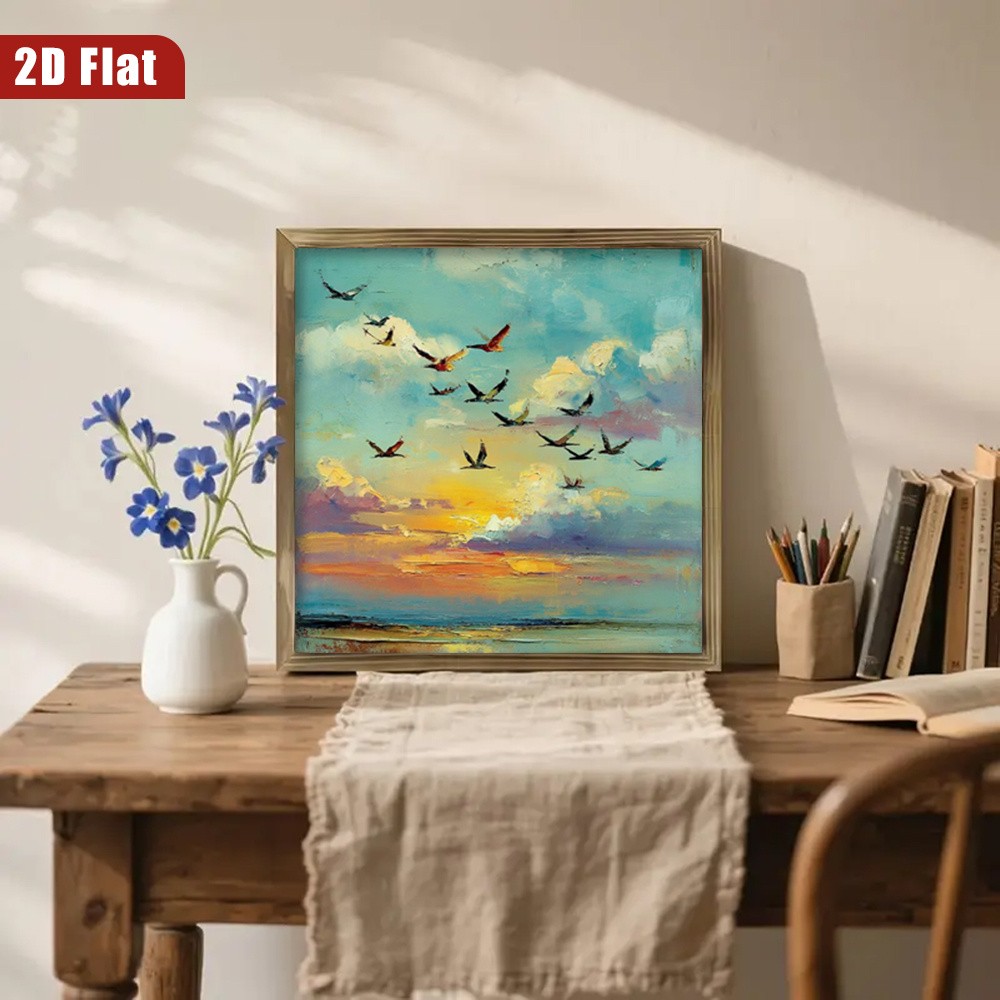 Soft Sunset Sky Flying Seabirds Oil Art Framed Wooden Plaque Home Decor Gift