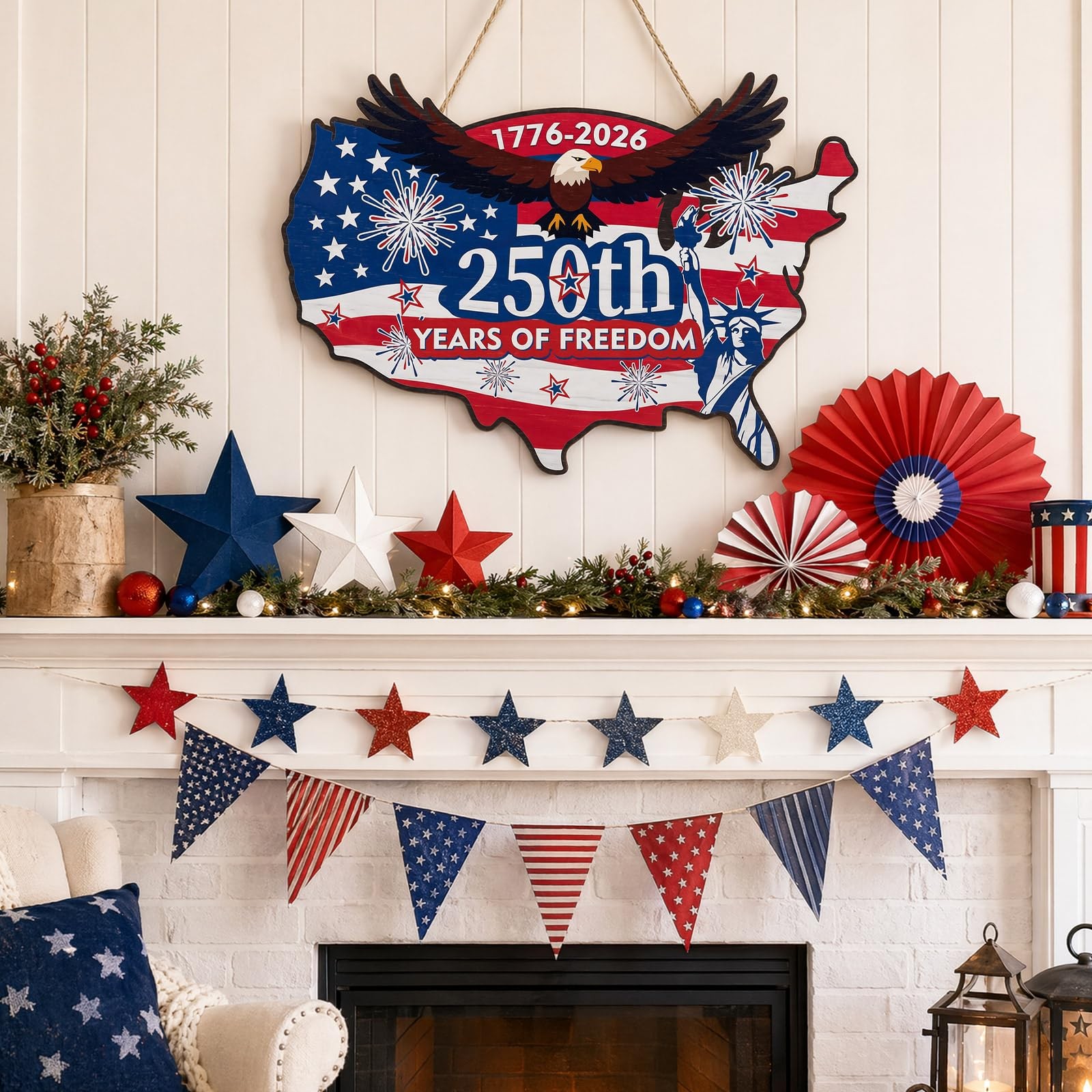 America 250th Anniversary Wood Sign 4th of July Door Wreath Independence Day Woo