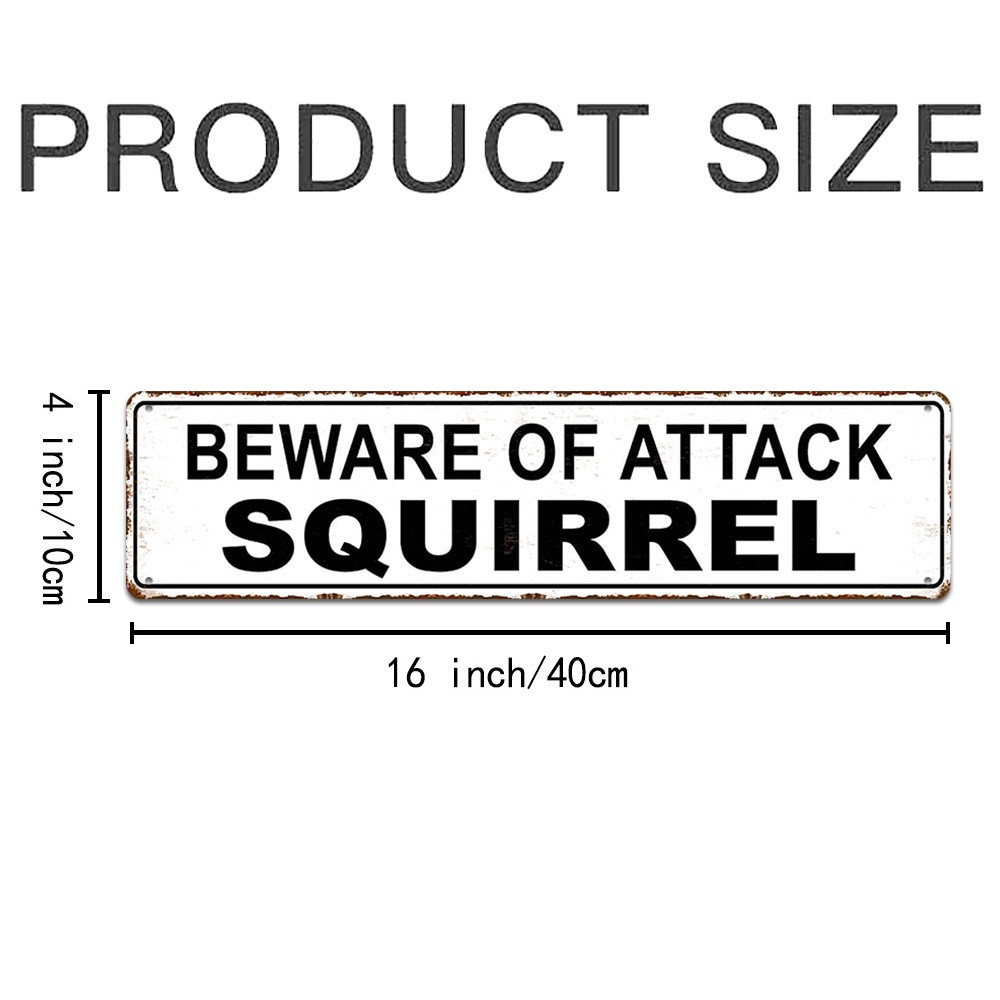 Beware Of Attack Squirrel Vintage White Metal Sign Funny Yard Outdoor Wall Decor