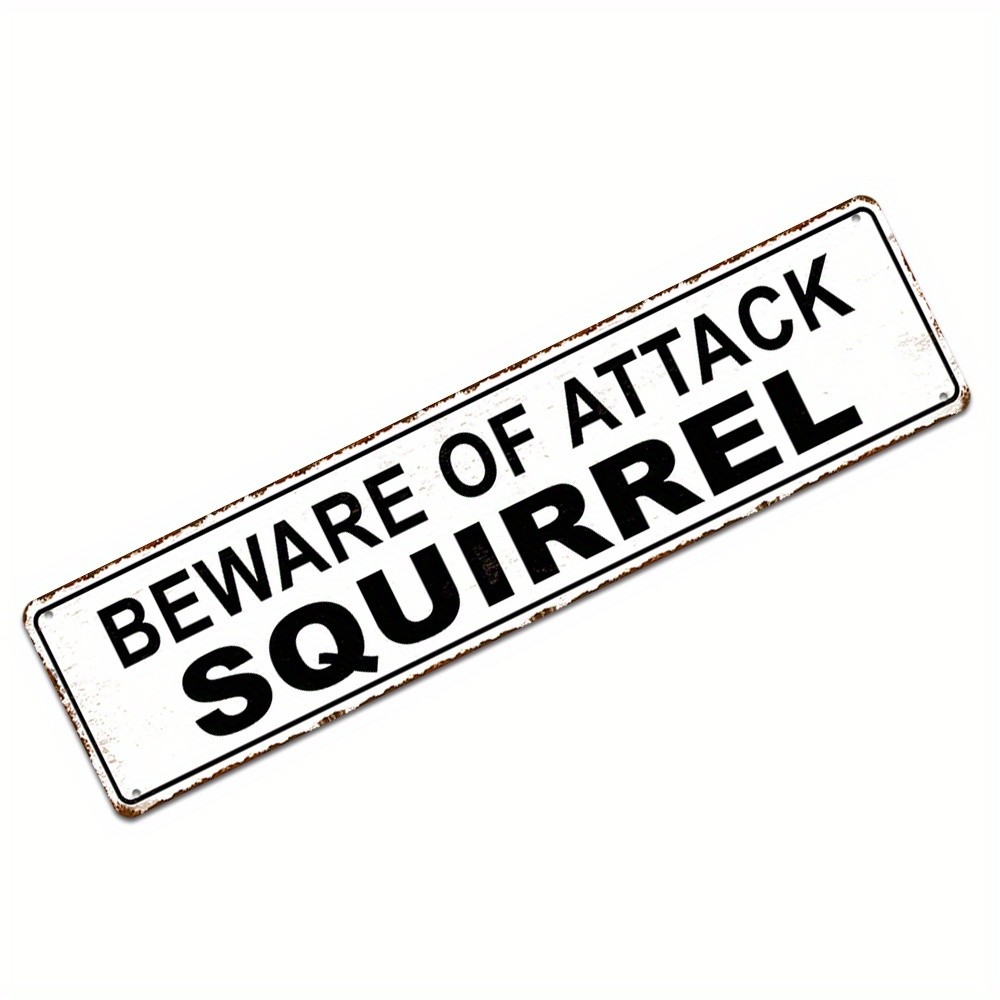 Beware Of Attack Squirrel Vintage White Metal Sign Funny Yard Outdoor Wall Decor