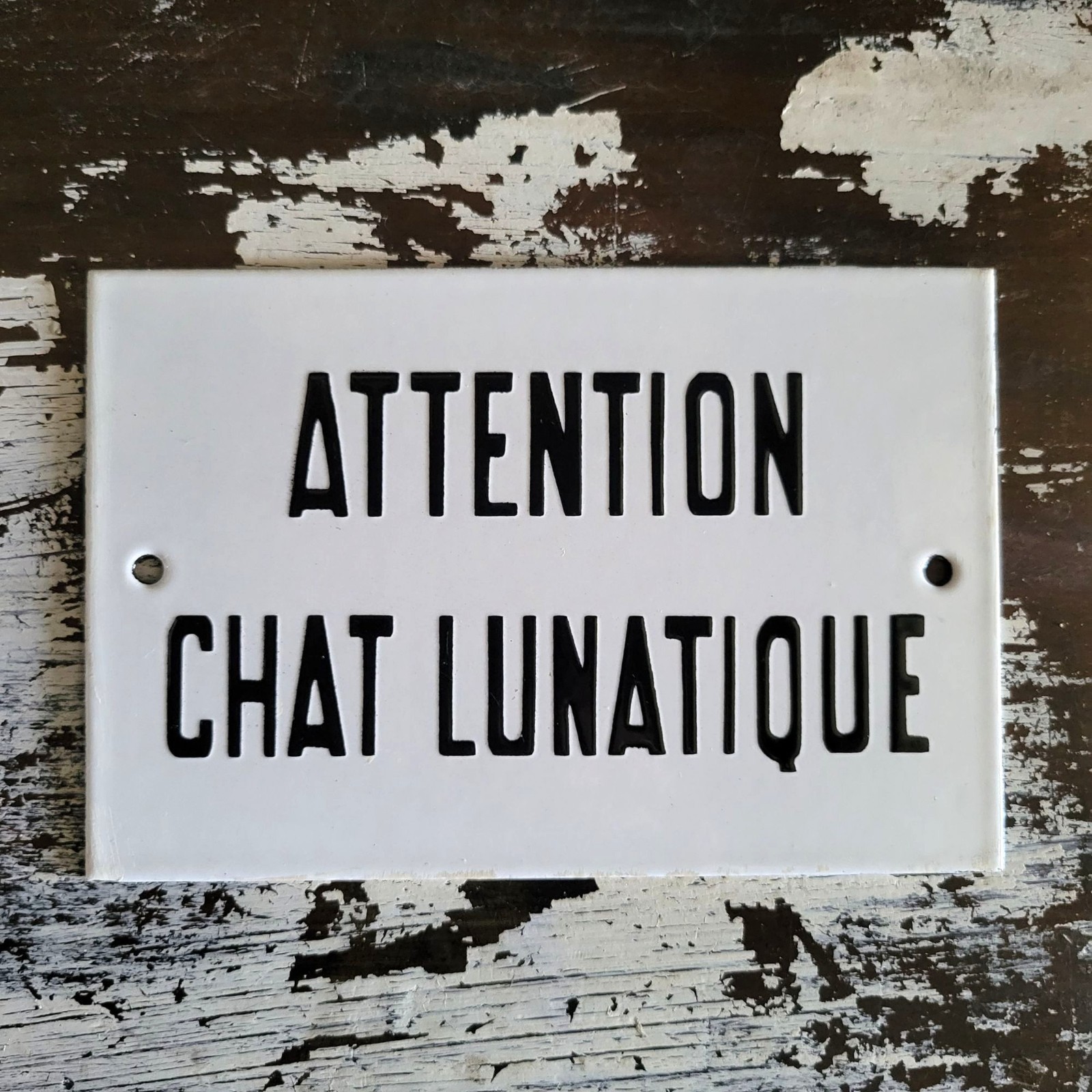 Vintage French Attention Chat Lunatique Porcelain Sign In Black and White