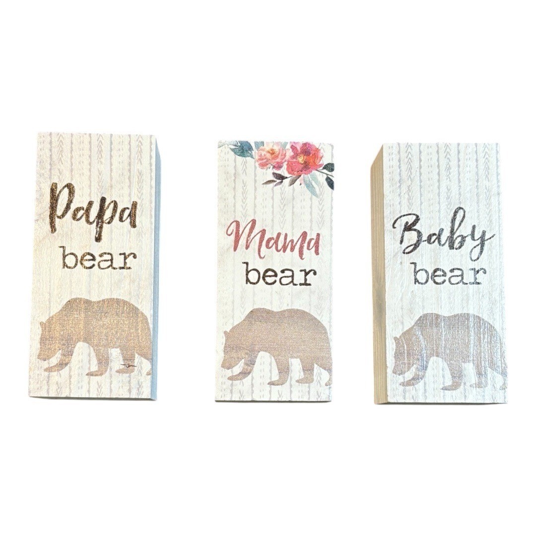 Bear Family Wooden Block Signs 3pc White Rustic Farmhouse Decor Cabin Core