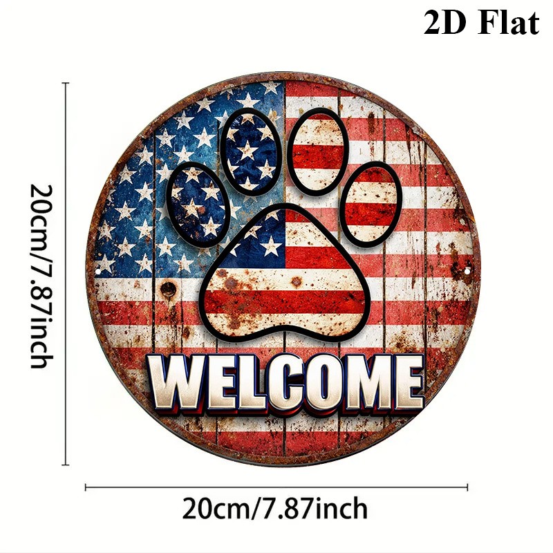 2D “American Flag Paw ” Vintage Patriotic Metal Sign Room Kitchen Garage Decor
