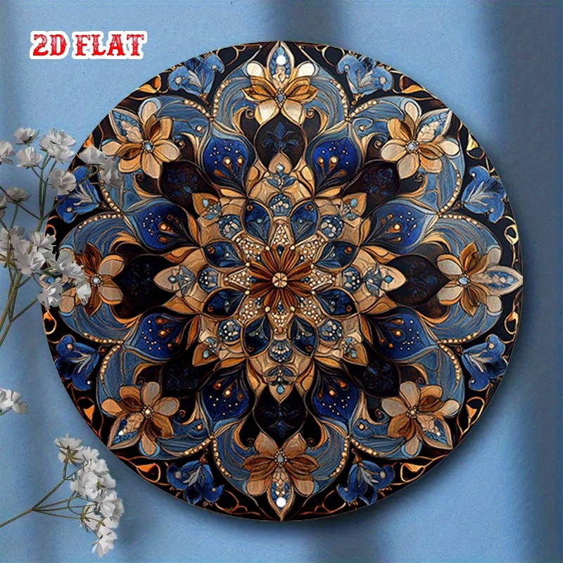 Metal Sign Intricate Mandala Floral Art Blue and Gold Bohemian Wall Art Decor