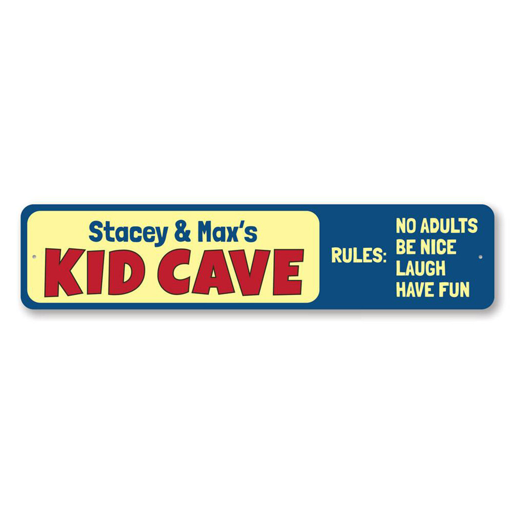 Kid Cave Rules Sign, Custom Kid Name Playroom Sign, No Adults Be – Aluminum