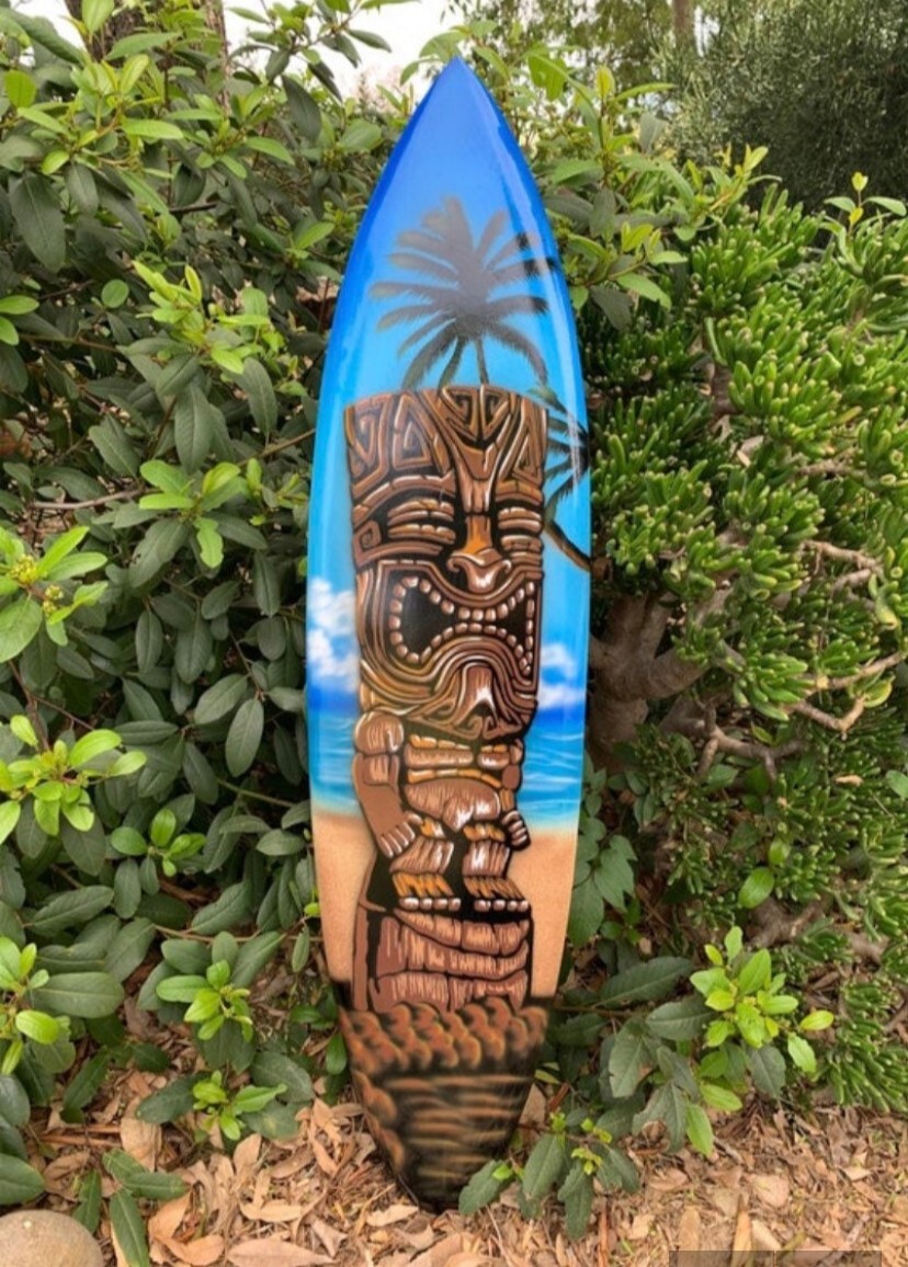 Set of Tiki Bar Sign and Tropical Tiki Surf Airbrushed Mango Wood Surfboard